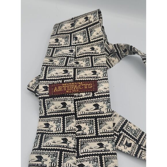 Museum Artifacts All Silk Men’s Necktie Postage Stamp Pattern Black & Beige - Picture 2 of 2